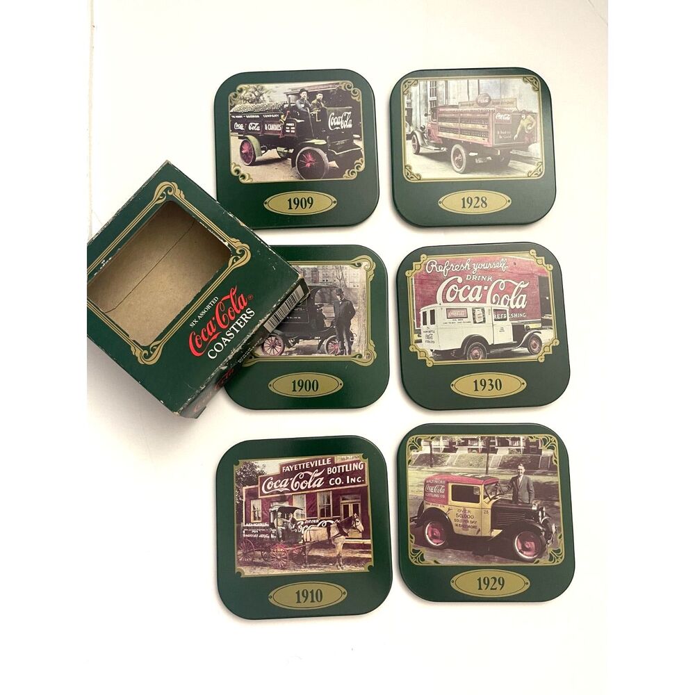 Y2K Coca Cola Coasters Metal 4 Inch Boxed Retro Drink Coke Vintage Lot 6 Green - Picture 1 of 7
